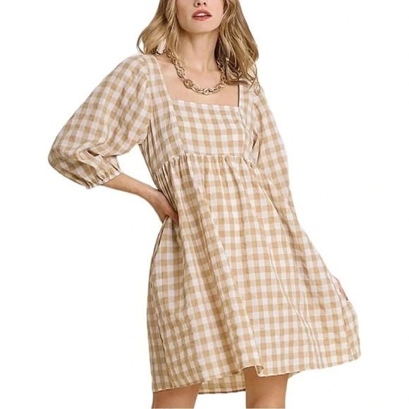 Umgee Dresses & Skirts - Umgee Gingham Beige & White Fall 3/4 Sleeve Tie Back A-Line Dress Size M NWT